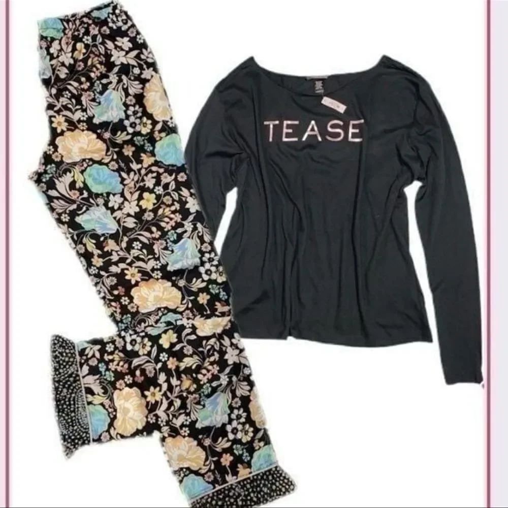 Victorias Secret Satin pants & long sleeve top tease print pajama Set Xs